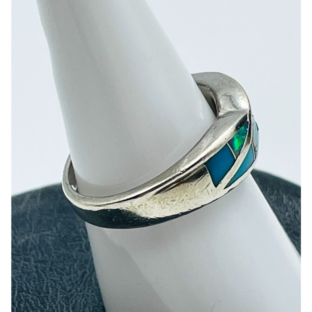 Southwest Sterling Silver Ring Lab Opal Turquoise Inlay Band Size 7 Signed AV - Picture 4 of 12